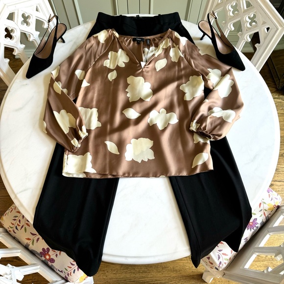 Theory Floral Print Silk Top Camel Sz S - Picture 4 of 11